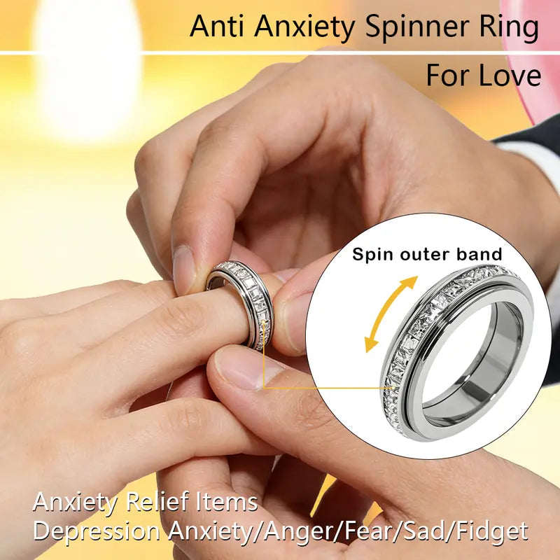 Anxiety Rings for Women and Men Titanium Steel Spinner Fidget Band Rings with Cubic Zirconia for Stress Relief and Wedding Promise Comfort Fit Size 5 to 12