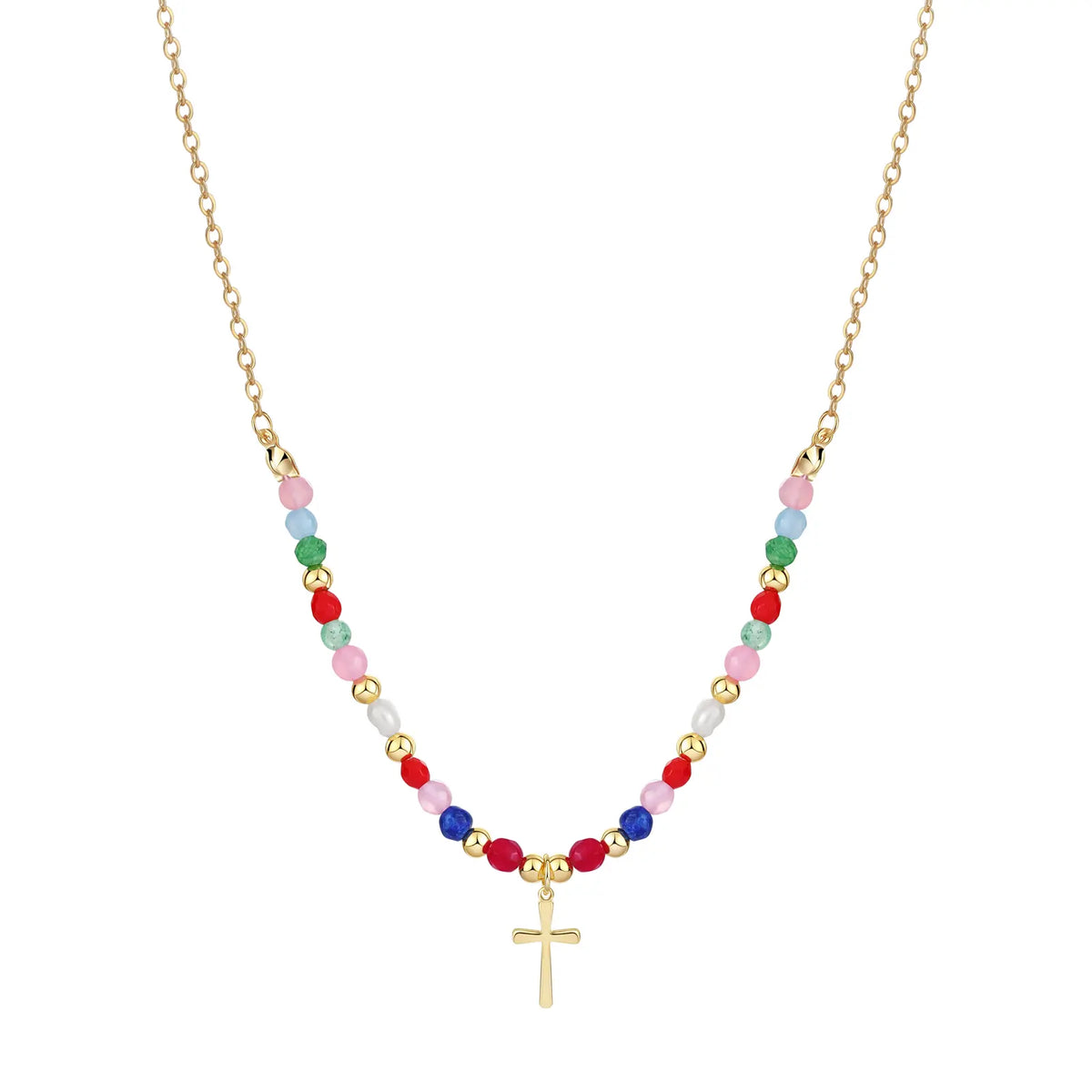 VENOCO Cross Necklace for Women 14K Gold Plated Cross Necklace Trendy Cross Pendant Necklace Cubic Zirconia Cross Box Chain Pearl Beads Link Choker Minimalist Daily Jewelry Gift for Women