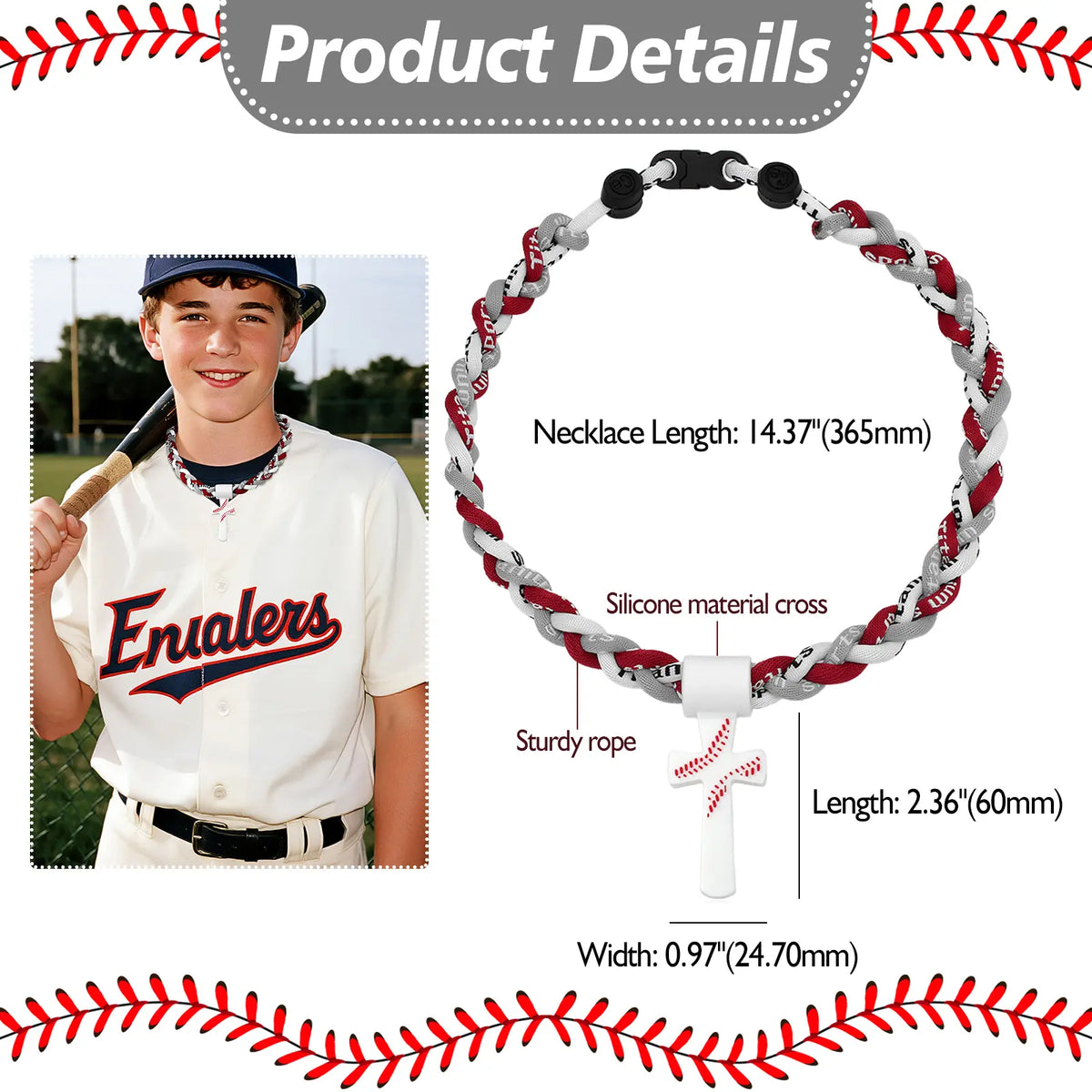 Baseball Necklaces for Boys 8-12, Triple Rope Tornado Sports Necklace with Cross Pendant, Soft Silicone & Rope Baseball Jewelry, Inspirational “I CAN DO ALL THINGS PHL4:13”, White, 18.11 in